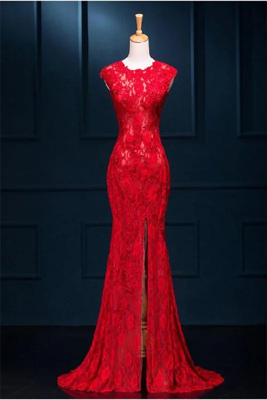 Beautiful Mermaid Long Red Lace Prom Dress With Split,Party Dress Tunics Leisure comfortable