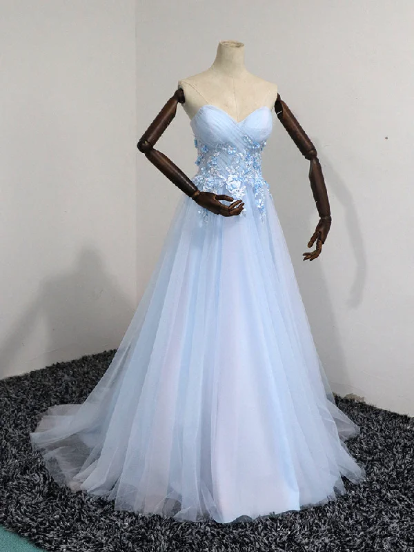 Elegant Blue Tulle Sweetheart Party Dress Formal Dress, Blue Lace Applique Prom Dress 2022 Tunics Favorite customer