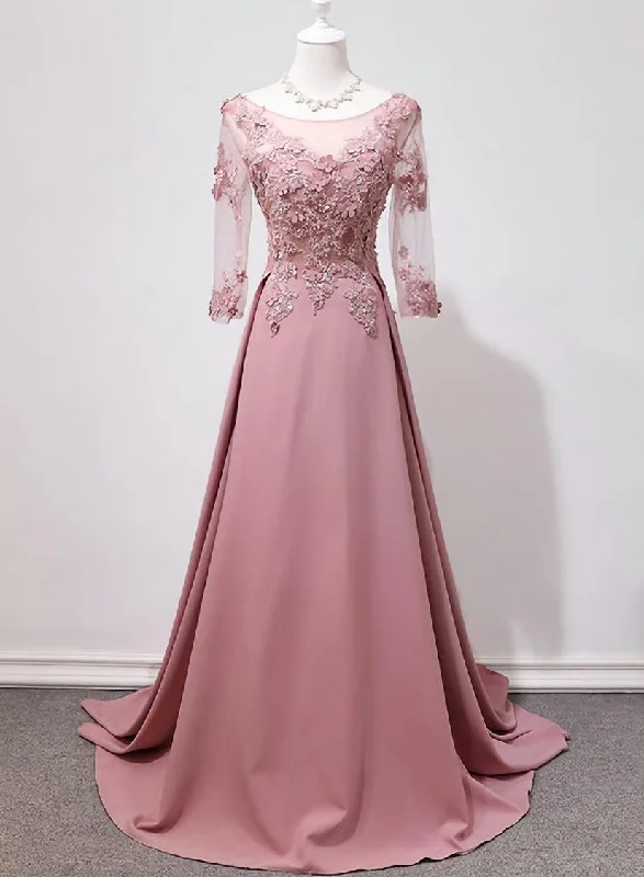 Elegant Pink Long Sleeves Lace Applique Long Party Dress, Pink Prom Dress Tunics Winter warm