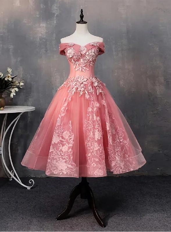 Lovely Pink Off Shoulder Party Dress, Lace Applique Prom Dress Tunics Seasonal trendy