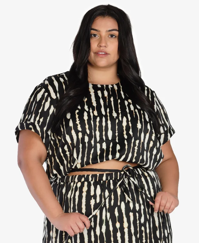 Nicole Williams English Plus Size Printed Satin Crop Top Mesh Canvas Denim