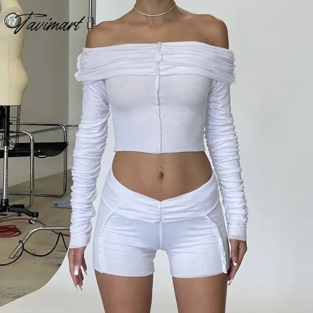 Tavimart Autumn Solid 2 Piece Shorts Set Women Off Shoulder Ruched Crop Tops And  Shorts Suits Y2K Streetwear Night Club Outfits Elegant Classic Vintage