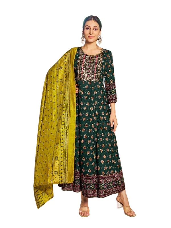 Bottle Green - Cotton Block Printed Long Dress with Dupatta - Available in Sizes 14(40") & 20 (46") - BH1002 KK 0924 Cowl Neckline Elegant