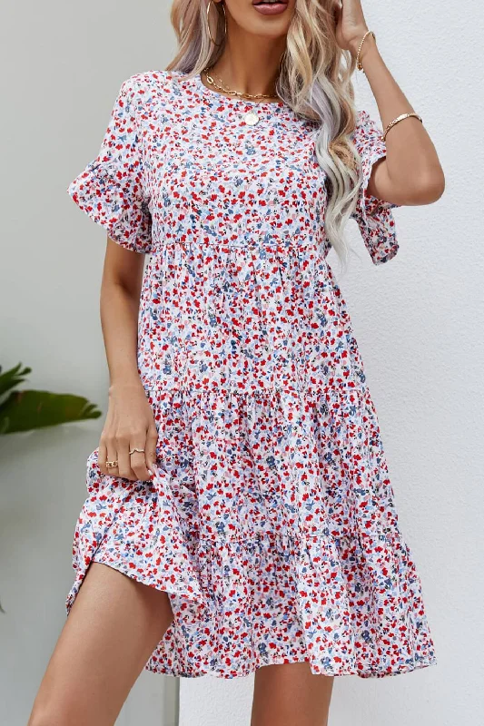 Ditsy Floral Flounce Sleeve Tiered Dress Tunics Cozy soft