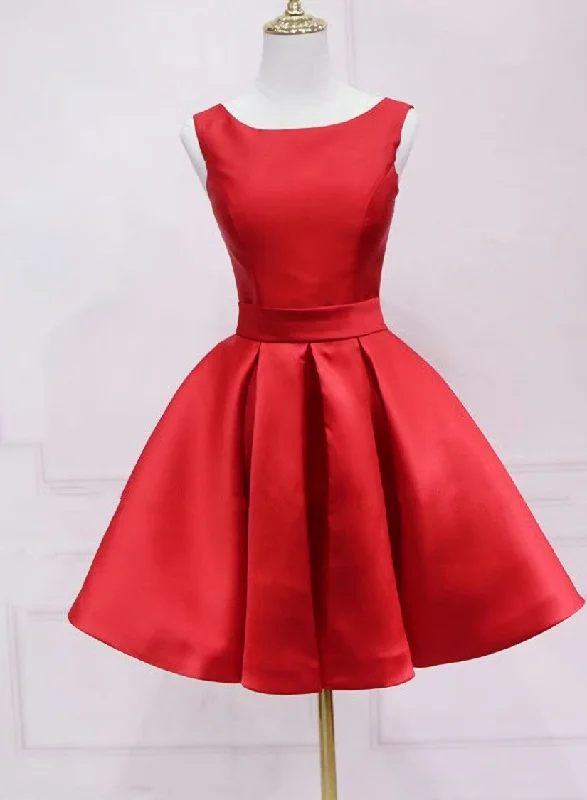 Red Satin Short Simple Backless Party Dress, Red Homecoming Dress Turtleneck Neckline Stylish