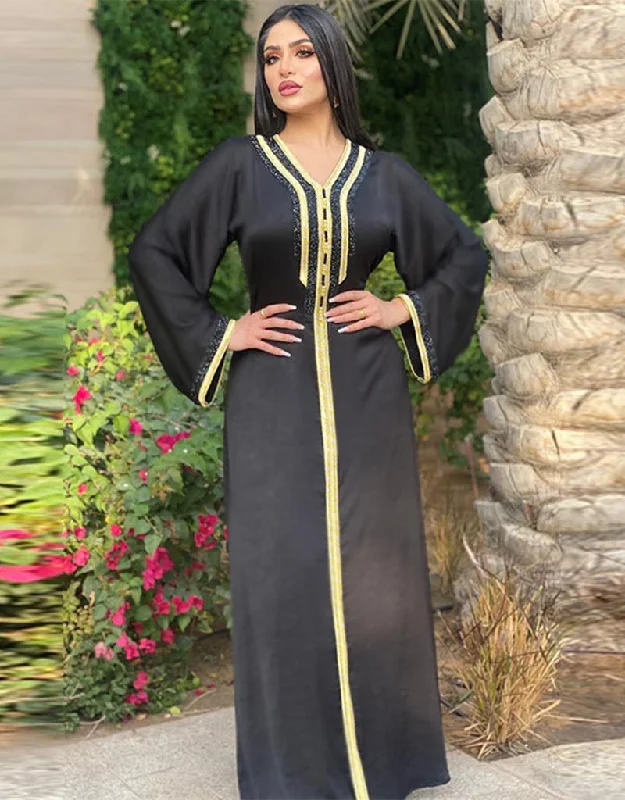 Elegant Jalabiya Black Satin Abaya Dubai Evening Party Dresses For Women Shift Classic Vintage