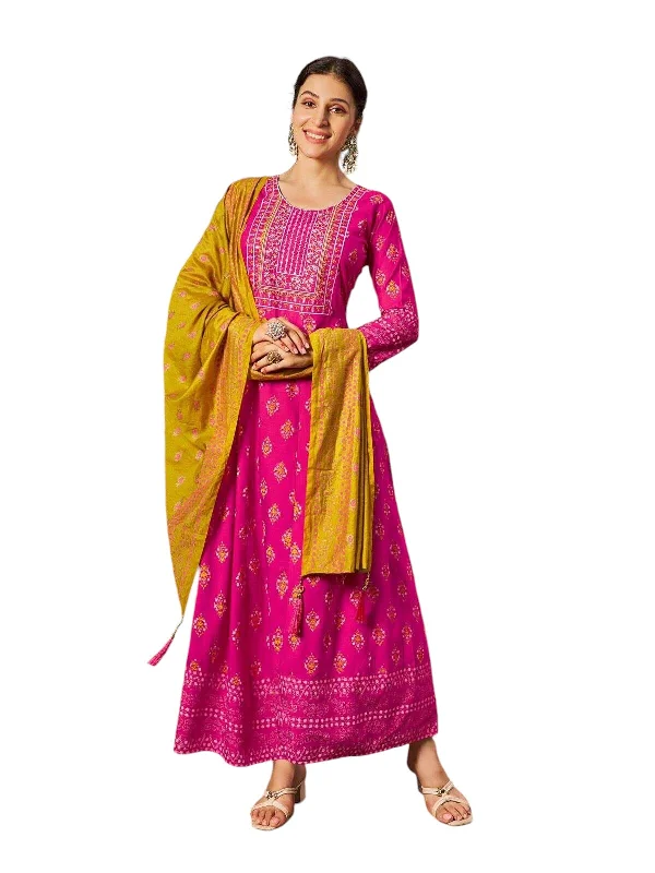 Fuchsia Pink - Cotton Block Printed Long Dress with Dupatta - Available in Sizes 14(40") & 20 (46") - BH1001 KK 0924 Crew Neckline Sporty