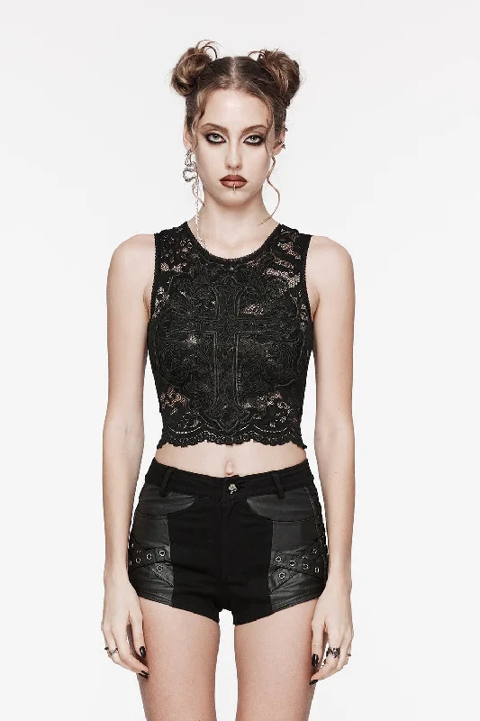 Forgive Me Father Gothic Cross Crop Top Mesh Blend Leather Blend Suede Blend