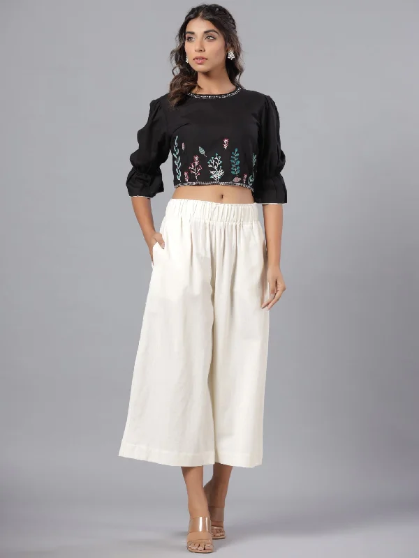 Jashvi  Black Floral Printed Rayon Flex Crop Top With Thread Embroidery Jersey Fabric Tulle Fabric Batik Fabric