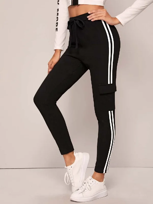 Drawstring Waist Striped Side Flap Pocket Pants Stylish Paperbag Waist Pants