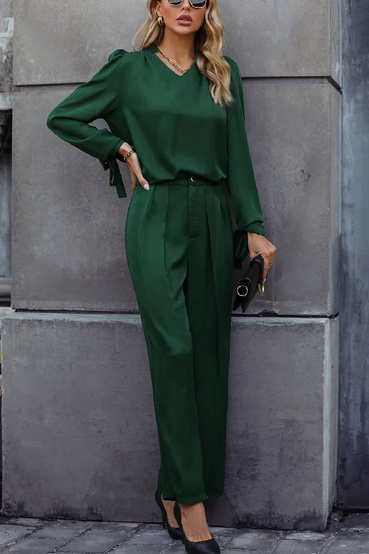 V-Neck Long Sleeve Top and Wide Leg Pants Set Formal Slim Pants