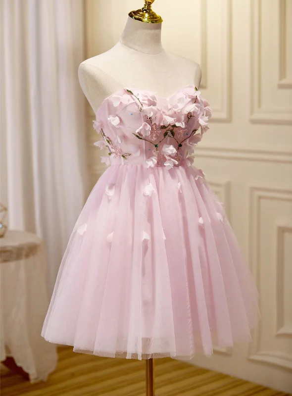 Lovely Pink Tulle with Flowers Short Party Dress, Pink Tulle Homecoming Dresses Tunics Distressed trendy