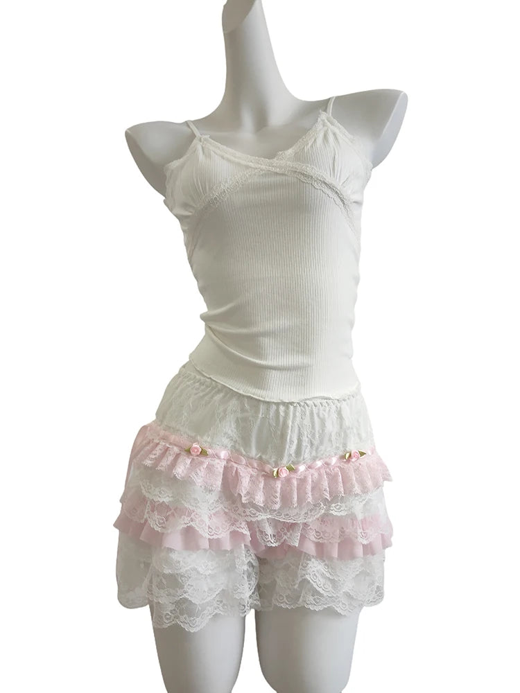 TAVIMART  -  Cute 2 Piece Sets Women Lace Trim V-Neck Crop Tops and Pink Lace Elastic Waist Shorts Cropped Set for Sweet Girl Kawaii Outfits Front Pockets Side Pockets Patch Pockets