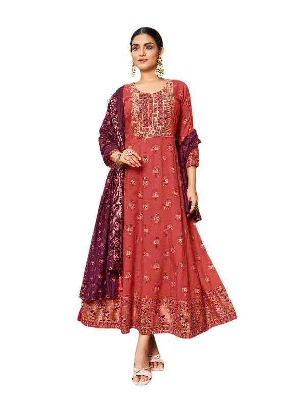 Rust Burnt Orange- Cotton Block Printed Long Dress with Dupatta - Available in Sizes 14(40") & 20 (46") - BH1004 KK 0924 Boat Neckline Classic