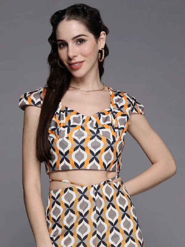 Women's Mustard Geometric Print Cap Sleeves Crop Top - Lyush Front Pockets Side Pockets Patch Pockets