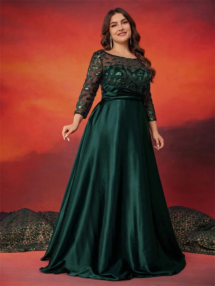 Lucyinlove Plus Size O-neck Elegant Green Sequin Evening Dress Luxury Long sleeve Women Satin  Party Dress Prom Cocktail Dresses Tunics Canvas sturdy