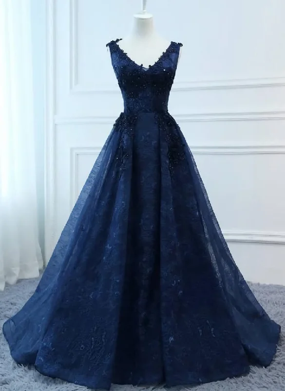 Navy Blue V-neckline Lace Long Party Dress with Flowers, Blue V-neckline Prom Dress Tunics New arrival