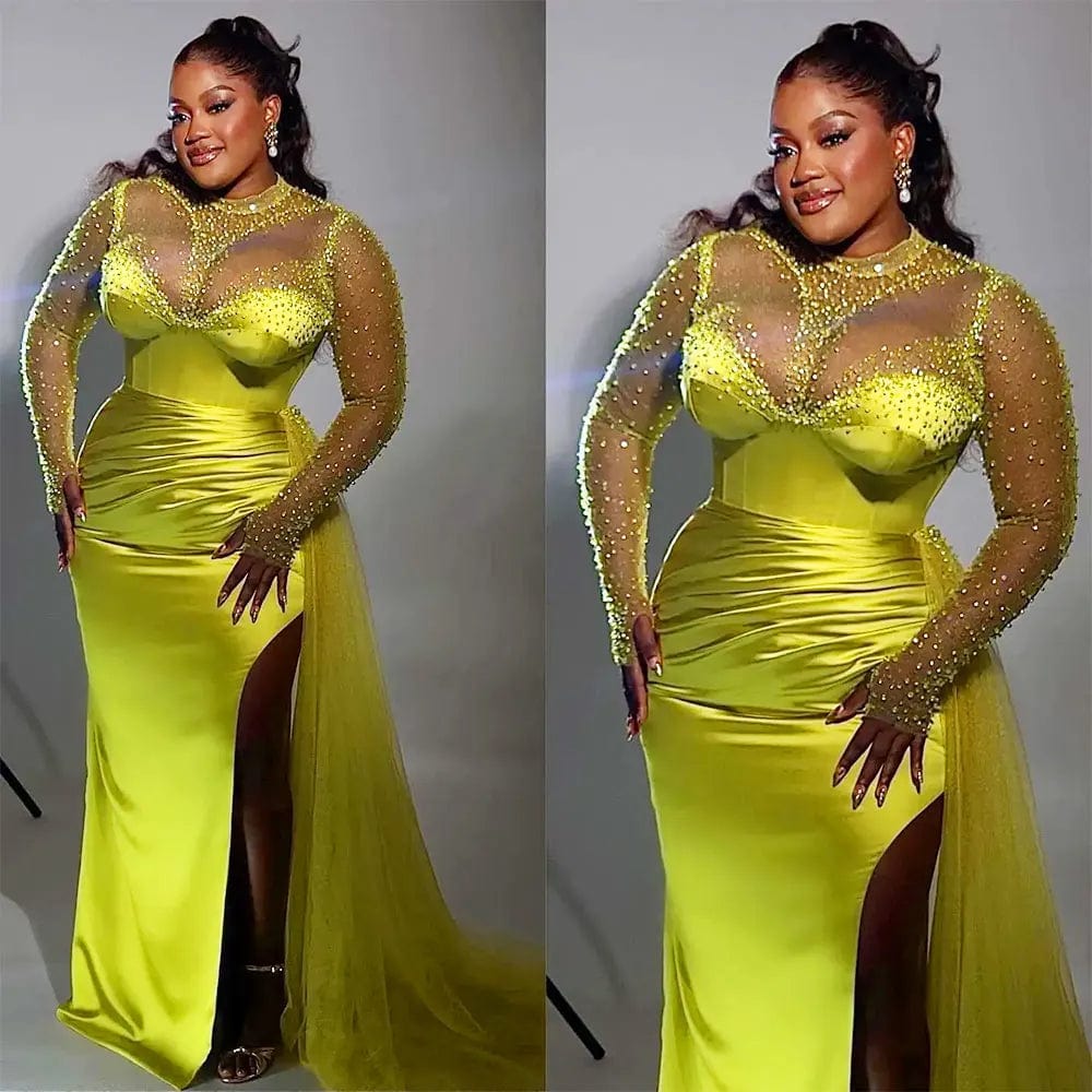 Lemon Green Prom Dresses Sparkly Beaded Sheer Long Sleeves Evening Gowns Plus Size African Formal Dress Sexy Slit Party Dress Tunics Silk luxurious