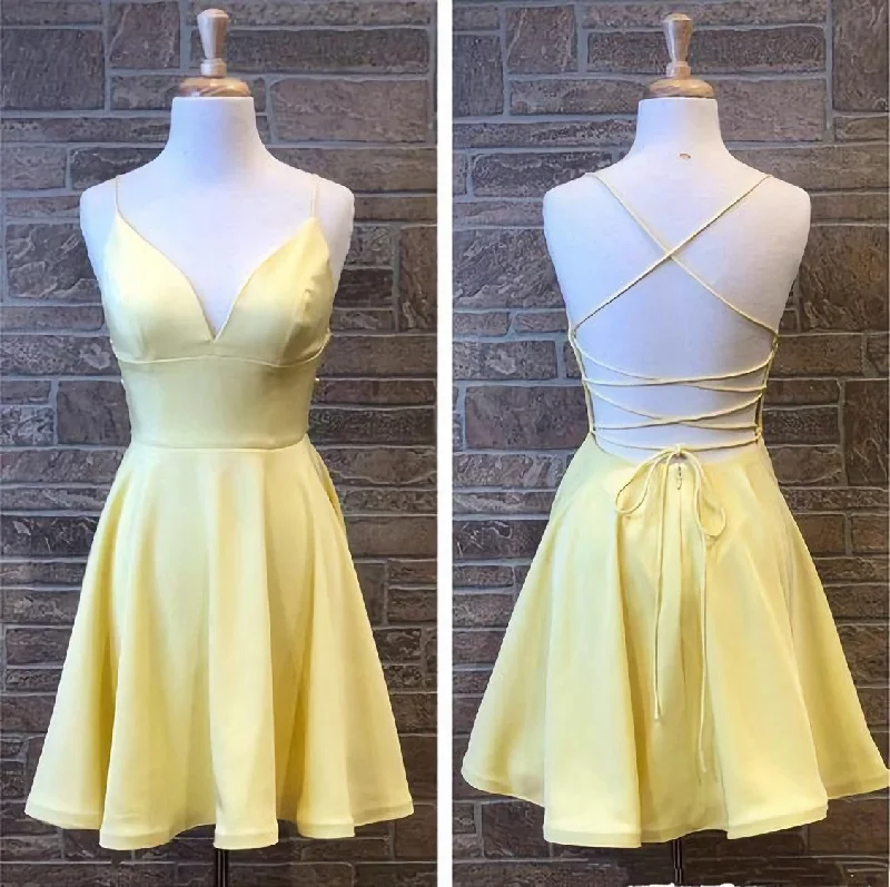 Yellow Short Homecoming Party Dress Halter Neckline Beach