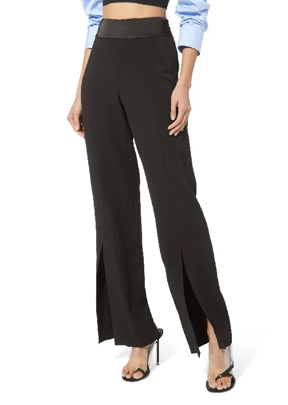 Ariah Crepe Satin Combo Front Slit Pant In Black Classic Stretch Pants