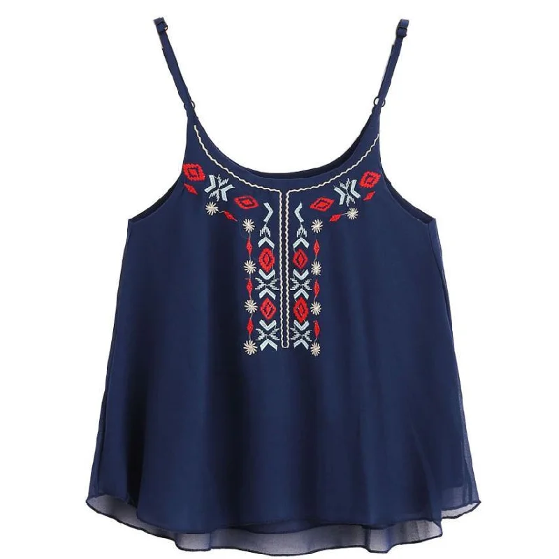 Blue Floral Embroidery Crop Top Welt Pockets Slit Pockets Flap Pockets