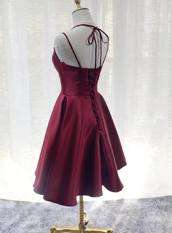 Burgundy Straps V-neckline Short Party Dress , Lovely Satin Homecoming Dress Tunics Recommended stylist