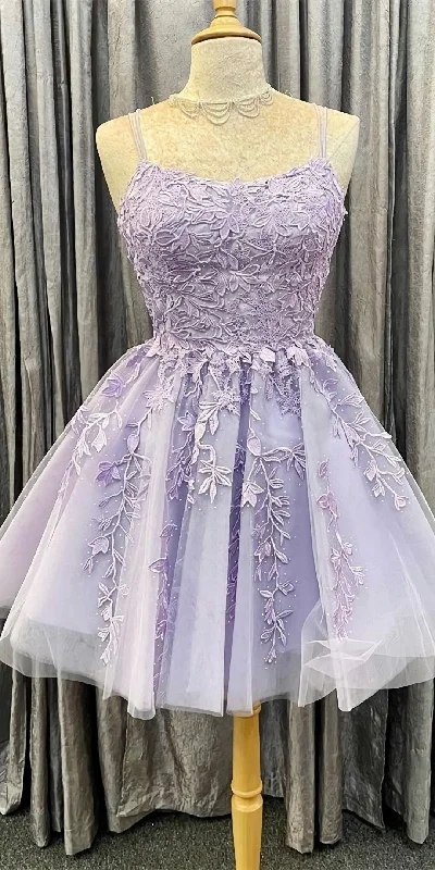 Princess Short Lavender A Line Lace Appliqued Homecoming Dress, Party Dress Peplum Ruffle Cocktail