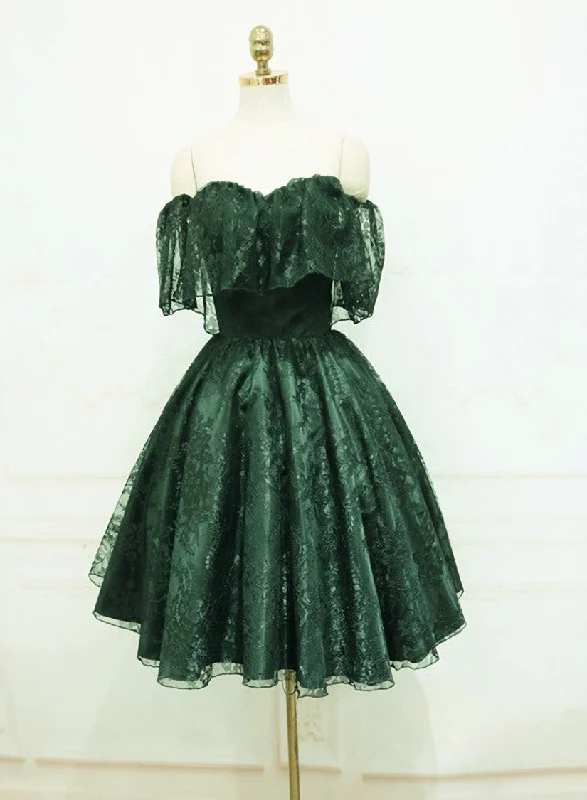 Dark Green Lace Off Shoulder Short Party Dress, Lace Homecoming Dress Crew Neckline Sporty