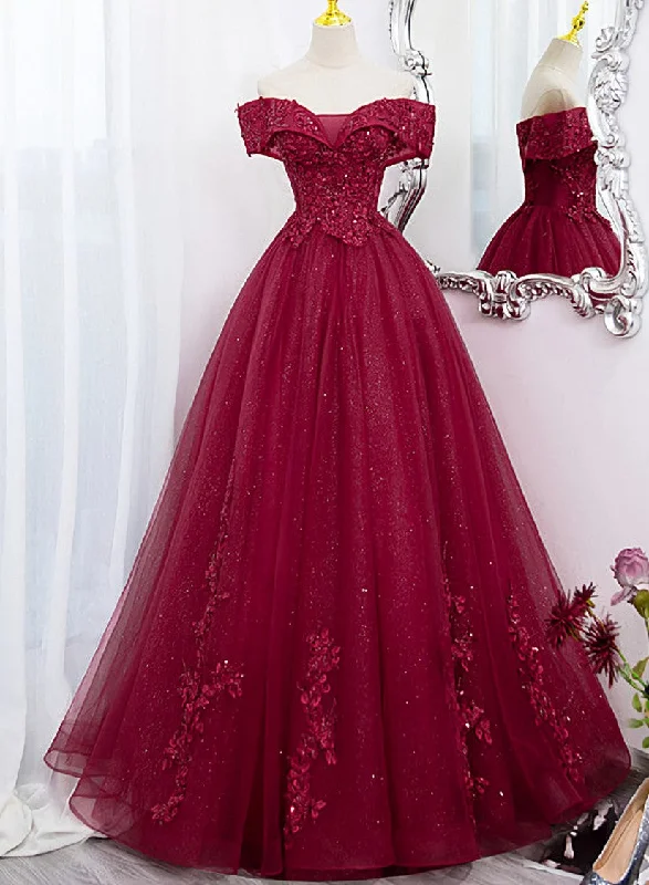 Burgundy Sweetheart Flowers Sequins Lace Party Dress, Long Formal Dress Prom Dress Tunics Practical durable