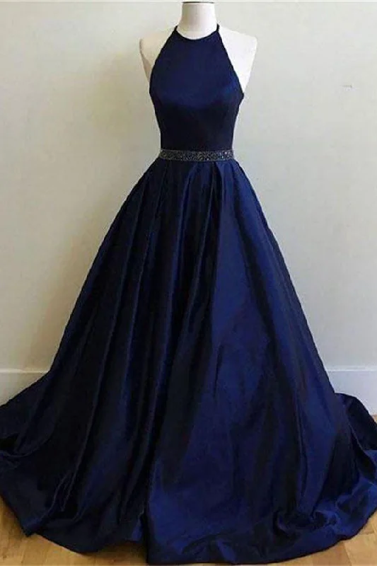 Simple Royal Blue A-line Halter Open Back Long Prom Dresses Party Dresses Tunics Mesh breathable