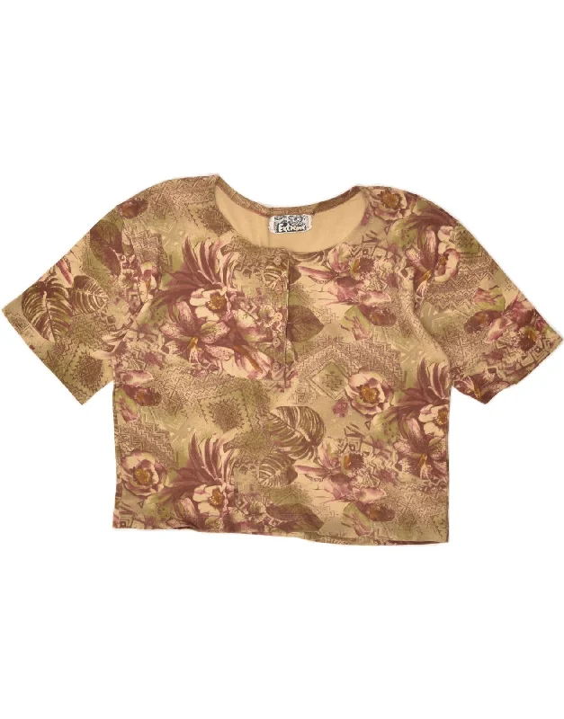 EXTREME Womens Crop Top UK 16 Large Brown Floral Cotton Collared Crew Neck Turtle Neck