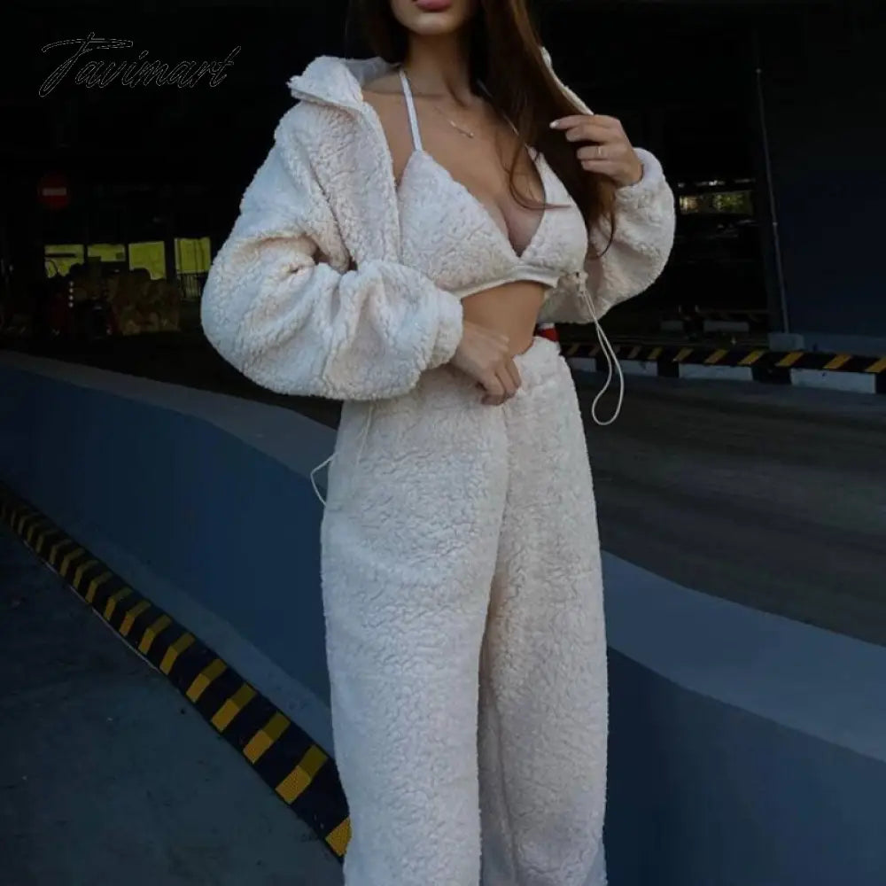 Tavimart Fleece Tracksuits Women's Winter Set Fashion Streetwear Y2k Casual Bra Vest Sweatpants Crop Tops 3 Piece Set Sexy Outfit Thin Crop Top Open Front Quick Dry