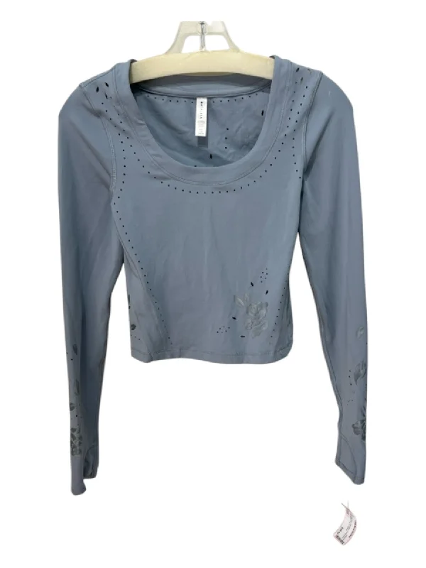 Athleta Size XXS Blue Poly Blend Perforated Scoop Neck Long Sleeve Crop Top Real Fur Shearling Chenille