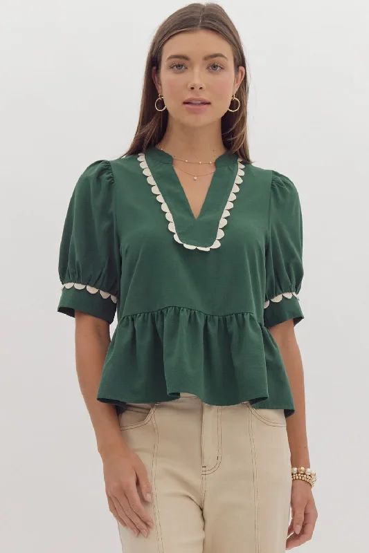 Scalloped Trim Peplum Crop Top Zippered Buttoned Snapped