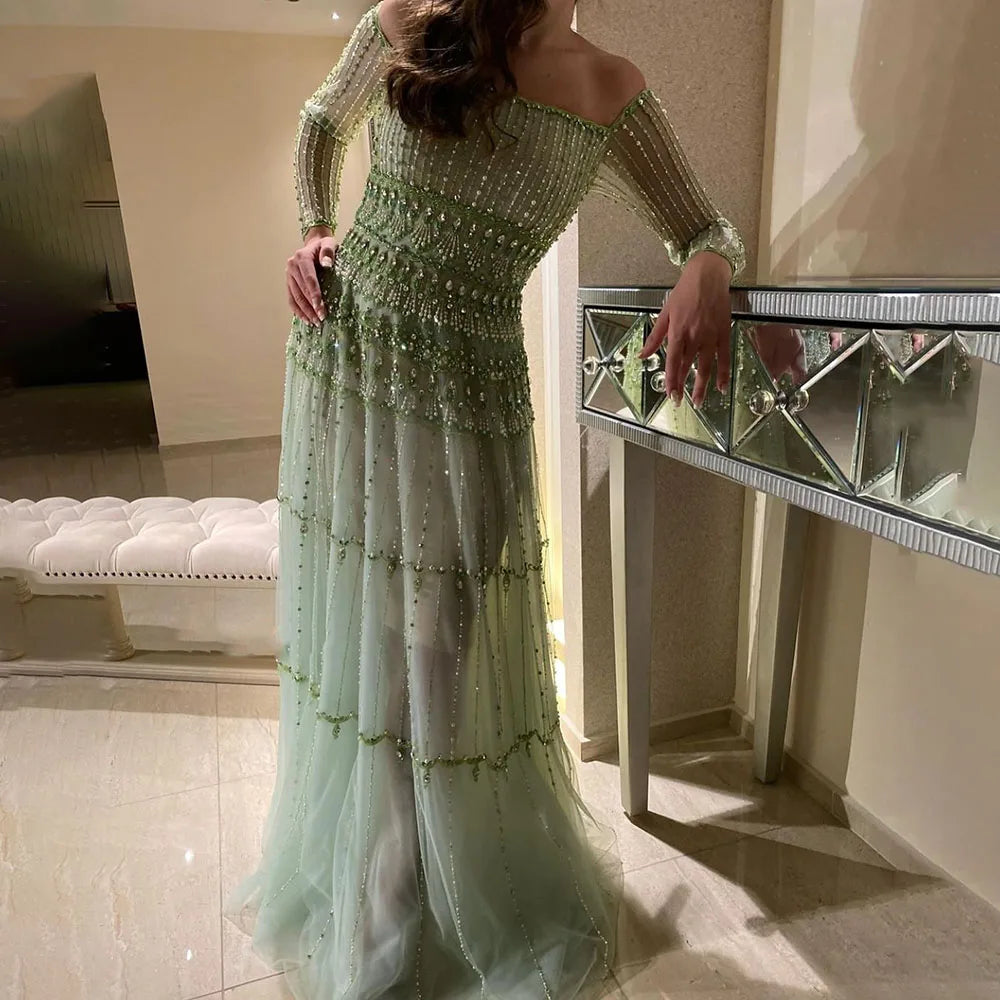 Serene Hill Dubai Arabic Sage Green Mermaid Luxury Evening Gown Strapless Beaded Party Dress for Women's Wedding 2024 LA72350 Tunics Floral girly