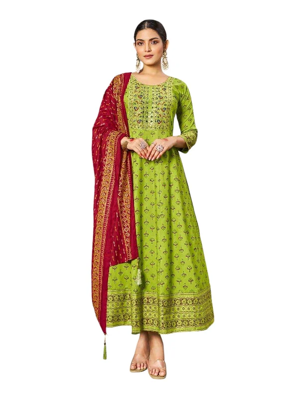 Lime Green - Cotton Block Printed Long Dress with Dupatta - Available in Sizes 14(40") & 20 (46") - BH1007 KK 0924 Halter Neckline Beach