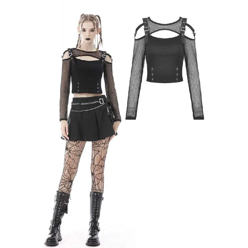 Women's Punk Cutout Mesh Splice Buckle Crop Top Houndstooth Herringbone Solid