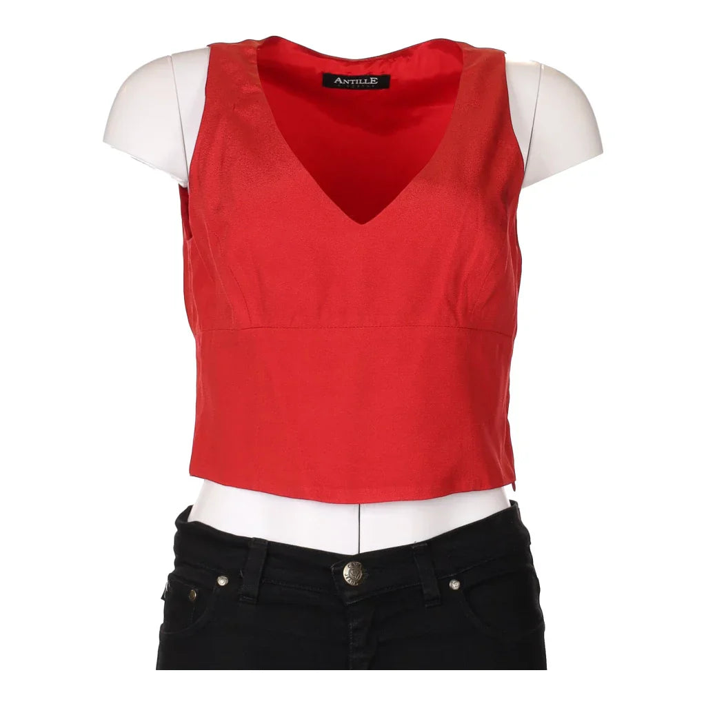 Antille Crop Top - Medium Red Viscose Blend Zippered Front Buttoned Front Snap Front