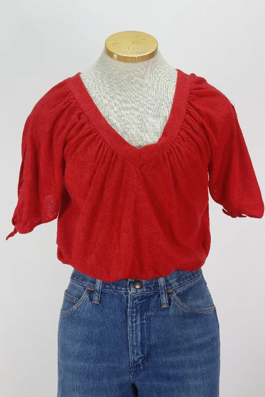 70s Red Terry Cloth Crop Top        L Front Pockets Side Pockets Patch Pockets