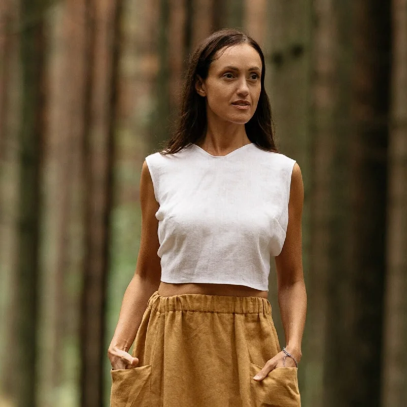 Linen Crop Top With Tie Back ROME In White Mesh Fabric Canvas Fabric Denim Fabric