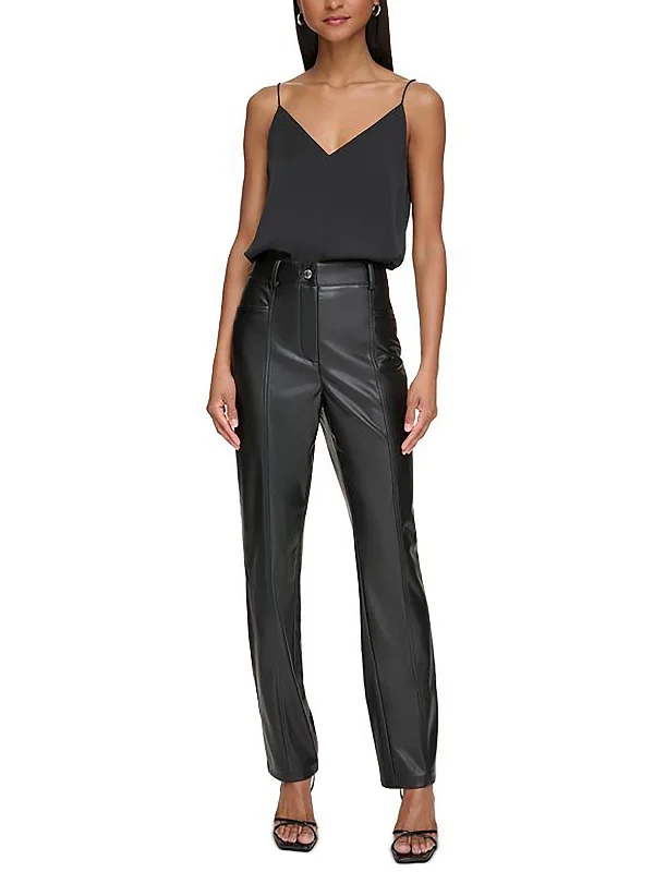 Womens Faux Leather High-Rise Straight Leg Pants Cozy Lounge Pants