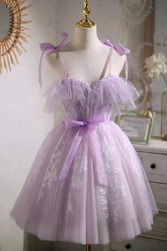 Sweet Purple A-line Short Party Dress Homecoming Dress with Ribbon Tunics Practical easy-care