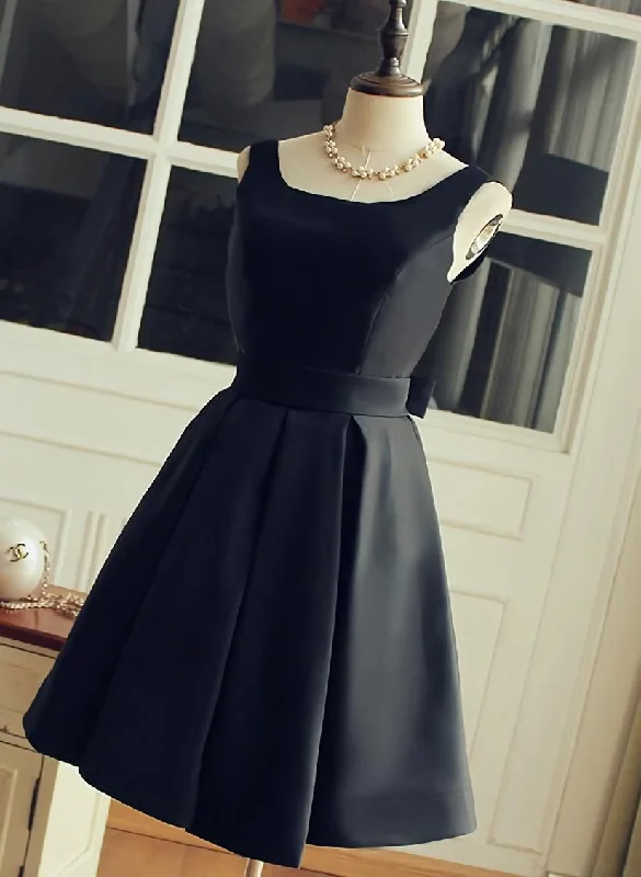 Cute Short Black Satin Knee Length Homecoming Dress, Black Party Dress Cowl Neckline Elegant