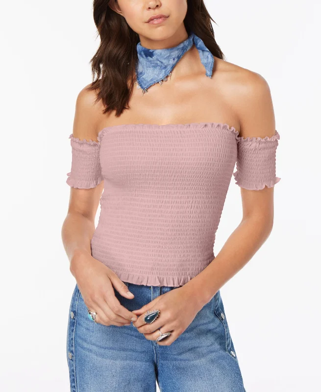 Juniors' Smocked Off-The-Shoulder Crop Top Sequined Glittery Shiny