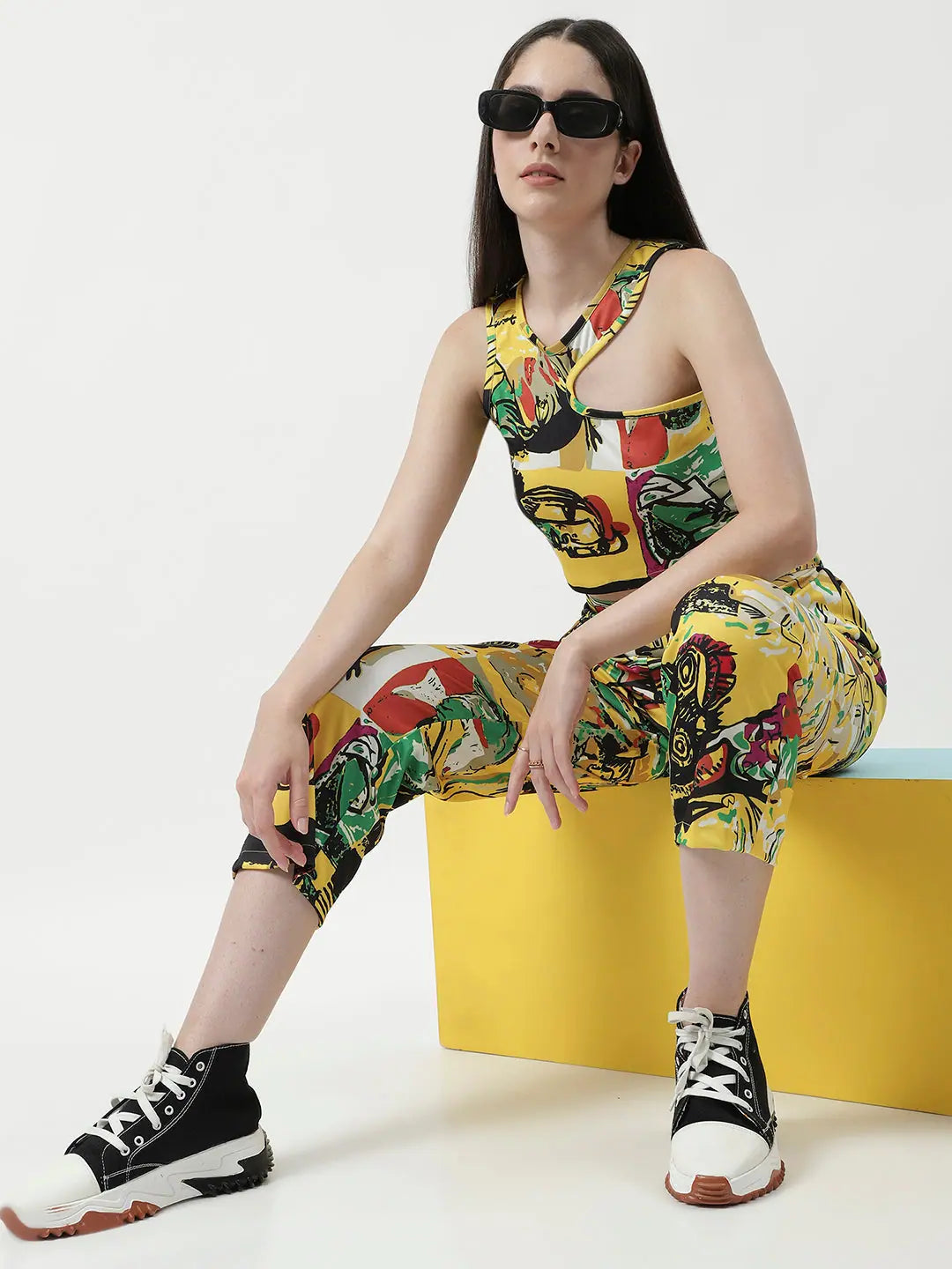 Picasso Inspired Digital Printed Stylish Crop Top With Pant Set Zippered Front Buttoned Front Snap Front