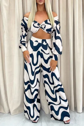 Sexy White & Navy Blue 2 Piece Crop Top & Wide Leg Pants Set Modern Contemporary Chic