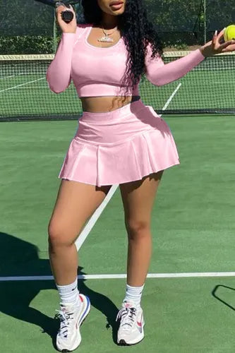 Pink 2 Piece Crop Top & Tennis Skort Set Boxy Fit Fitted Loose