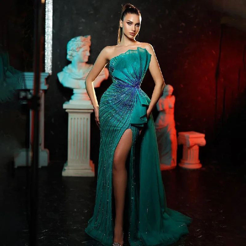 Serene Hill Green Strapless Beaded Mermaid High Split Evening Party Gowns 2024 Sexy Party Dresses For Women LA72090 Square Neckline Feminine