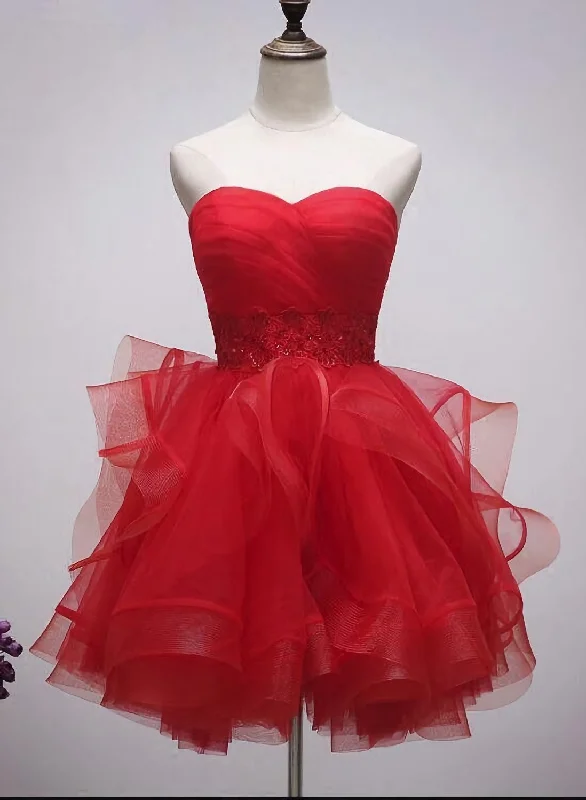 Beautiful Red Tulle Short Sweetheart Homecoming Dress, Lace Up Teen Party Dress, Tea Formal Dress Satin Halter Glamorous