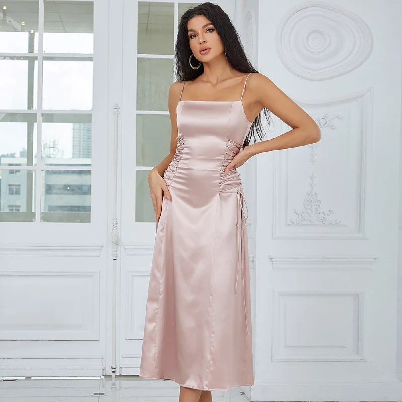 BH7671 Kimshein Vestido Elegant Womens Fancy Clothing Sleeveless Satin Long Birthday Party Dresses Evening Dinner Turtleneck Neckline Stylish